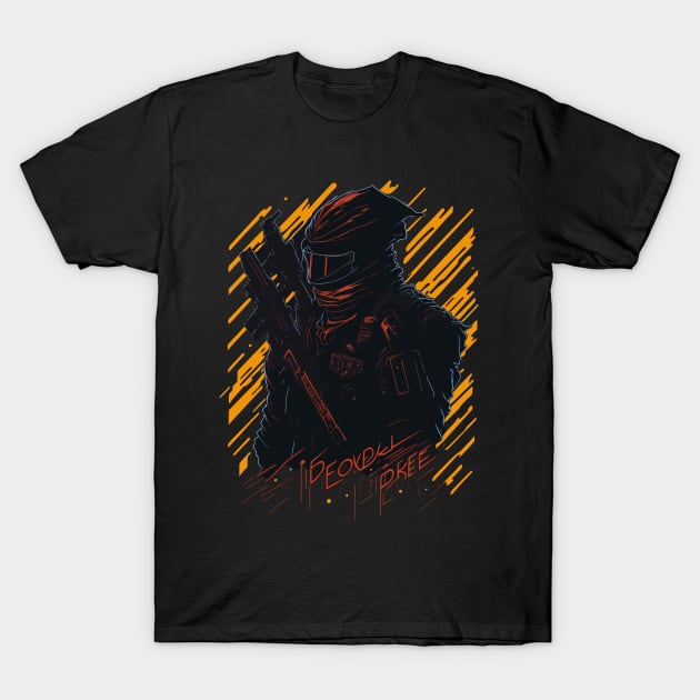 Soldier with assault rifle and helmet in action T-Shirt by webbygfx